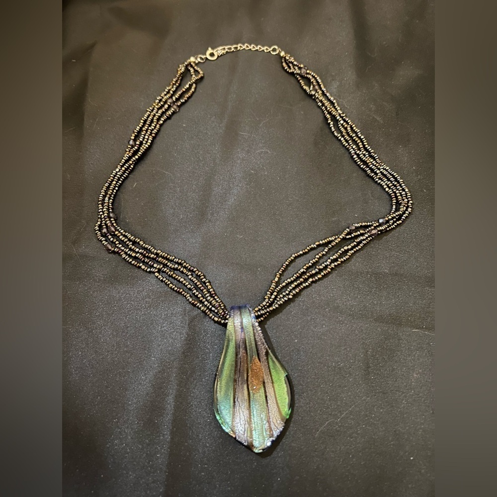 Copper Glass Seed Bead Necklace Handblown Glass Pendant 20" Choker